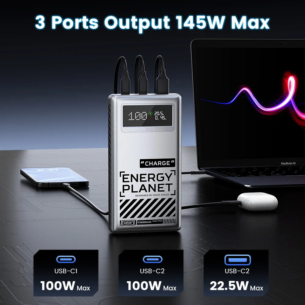 MOVESPEED M25 Power Bank 25000mAh 145W 3 Ports External Battery Fast Charge Powerbank for iPhone Switch Laptop Outdoor Travel