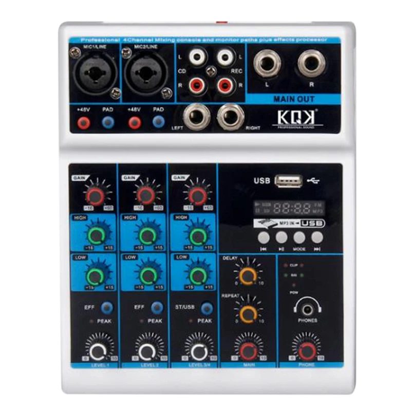 

Sound Card Audio Mixer Sound Board Console Desk System Interface 4 Channel USB Bluetooth 48V Power Stereo