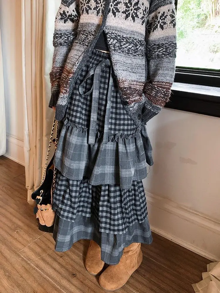 Y2K Grunge Layered Plaid Cake Skirt Women's Heavy Duty Patchwork A-Line Maxi Skirt Sweet College Students Girls Hip Hop Autumn