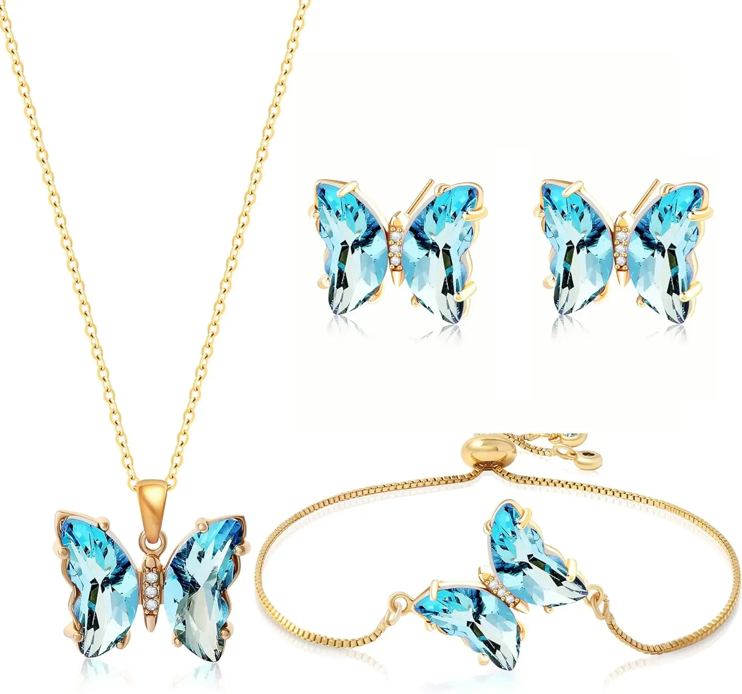 

Набор украшений Miss Right Butterfly Crystal: колье с бабочкой, серьги-гвоздики, браслет-боло, регулируемое кольцо для женщин, переливающийся цвет