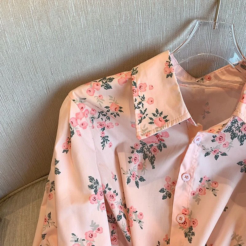 French short floral shirt women's spring and summer new pink design sense fashion temperament niche thin long-sleeved fresh top.