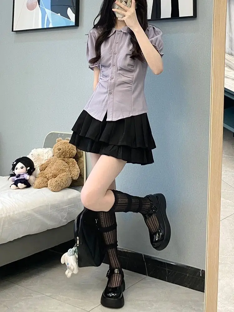 Camisas de manga curta das mulheres popeline retalhos pintuck magro ajuste camisa escola minimalista preppy namorado estudante urbano jovem