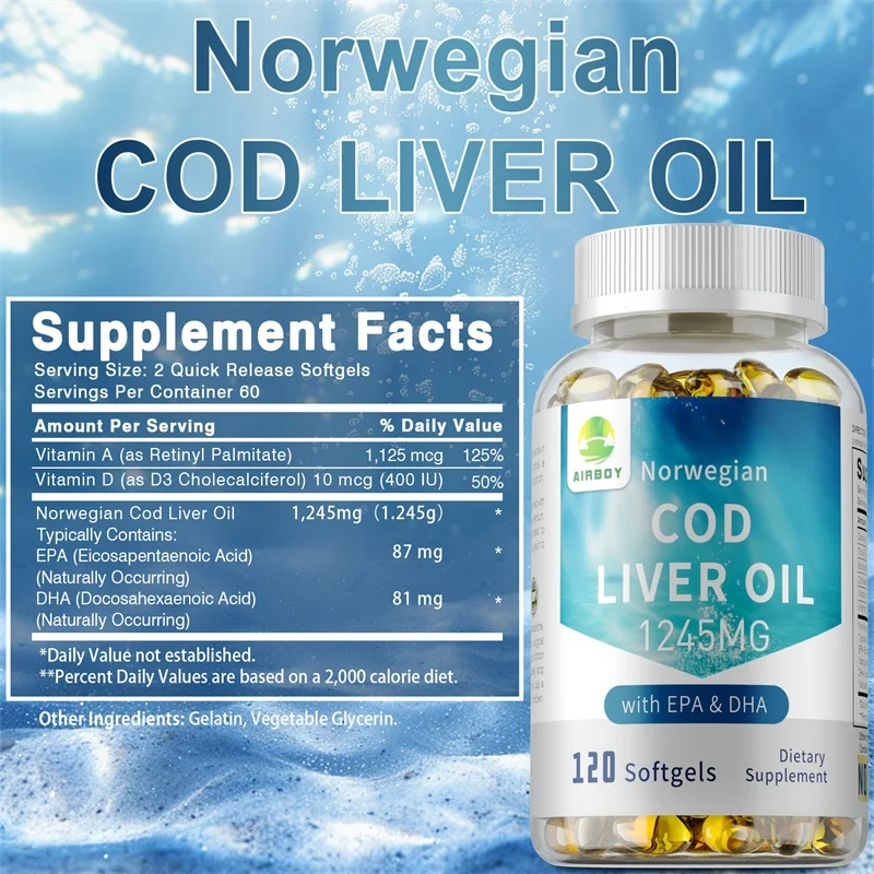 Cod Liver Oil Capsules - With EPA & DHA, Stress Relief, Strengthen Brain, Improve Memory and Intelligence,Promote Overall Health