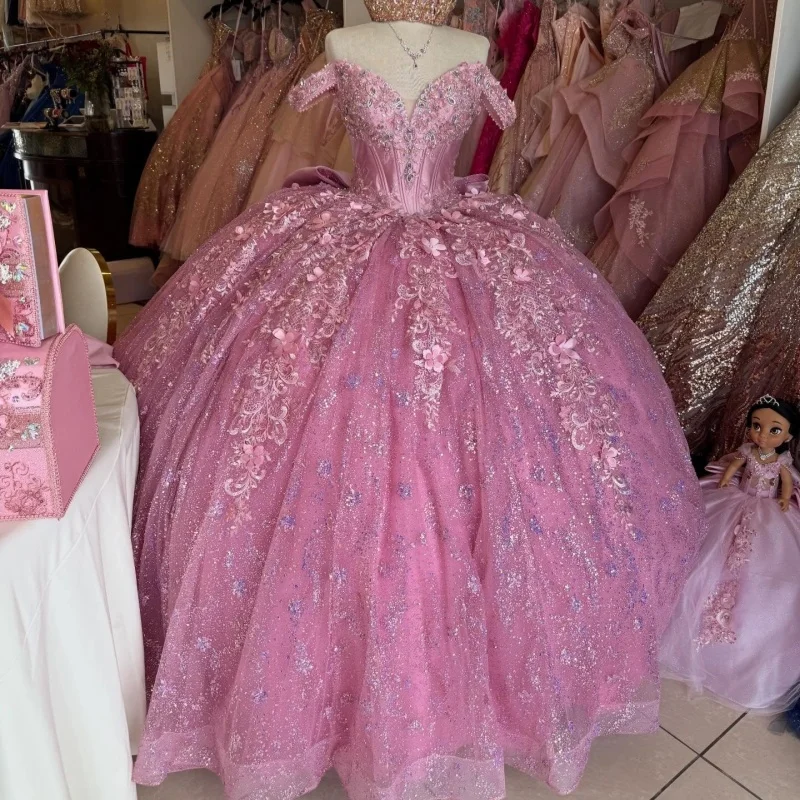 

Shiny Pink Quinceanera Dresses Off the Shoulder Glitter Crystal Decal 3D Flower Long tail Bow Vestido De 15 Quinceanera Customiz