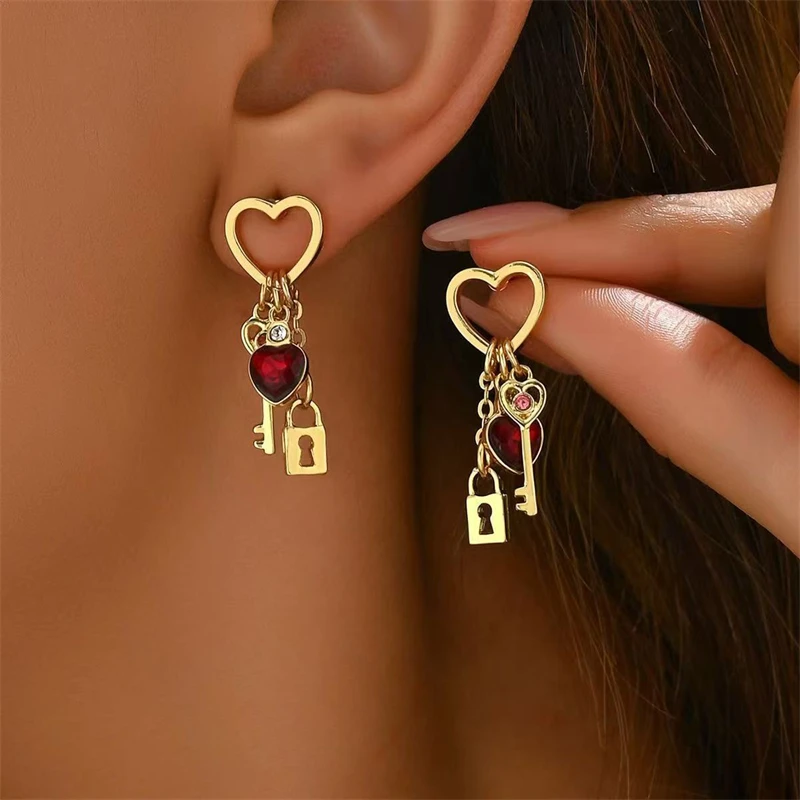 

Light Luxury Heart Key Lock Shape Earring For Women Unique Design Crystal Zircon Red Love Bowknot Stud Earring Christmas Jewelry