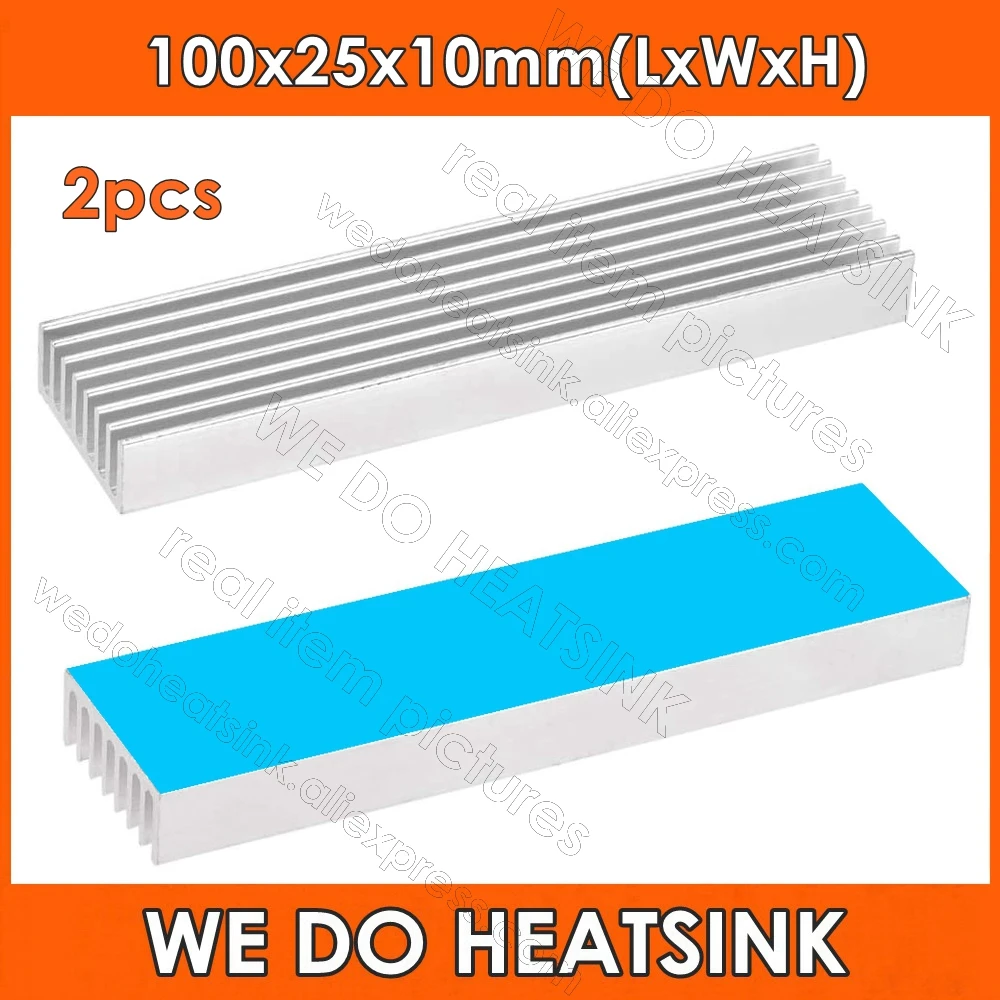 WE DO HEATSINK 2pcs 100x25x10mm DIY LED Power Heatsink Aluminum Radiator With Thermal Tape Pads