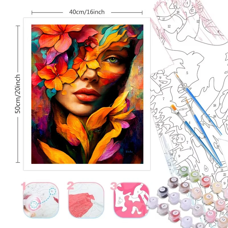 DIY Oil Painting By Numbers Colorful Floral Portrait Acrylic Paint By Numbers Diy Numbers Painting Art on Canvas By Numbers