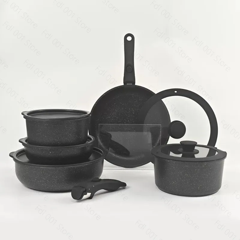 Suitable for 17 pieces of detachable handle non stick cookware set with die cast aluminum induction