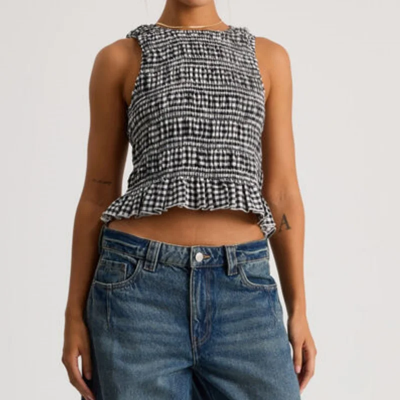 여성 Y2k 깅엄 스모크 탱크 탑 여름 민소매 프릴 밑단 셔링 셔츠 외출 탑 휴가 비치 의상