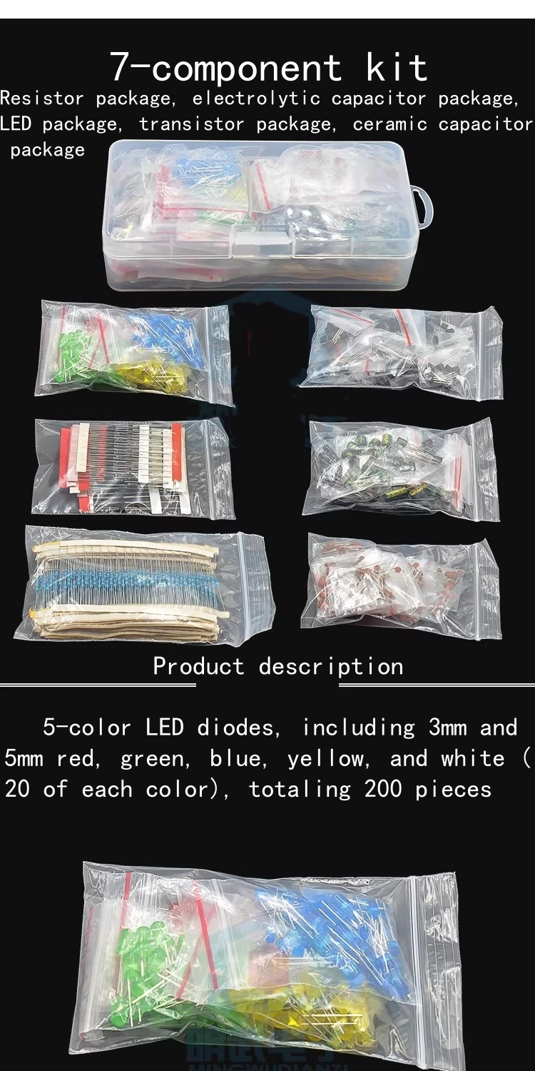 7-Komponenten-Set: Widerstandspaket, Elektrolytkondensatorpaket, LED-Leuchtdiodenpaket, Transistorpaket, Keramikkondensator – Detail 5