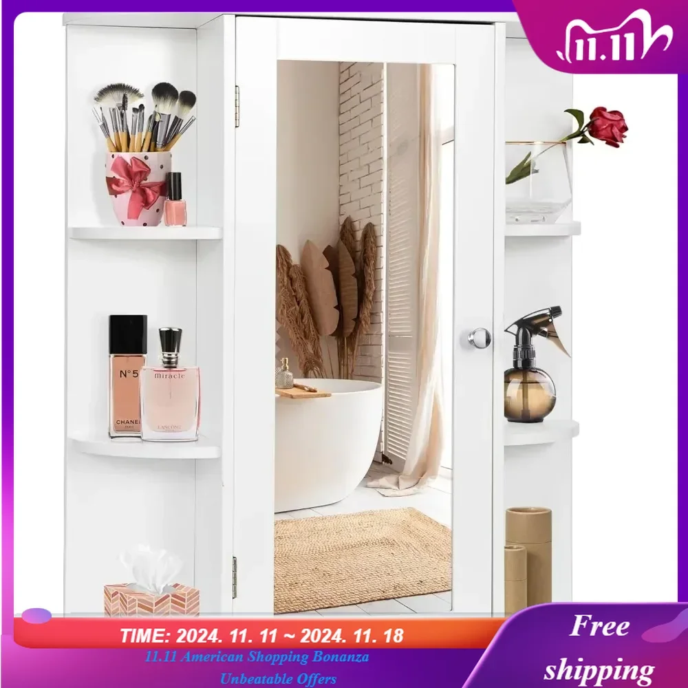 

Bathroom Cabinet with Single Mirror Door Wall Mount Medicine Cabinet with Inner Adjustable Shelves Wooden Storage Organizer