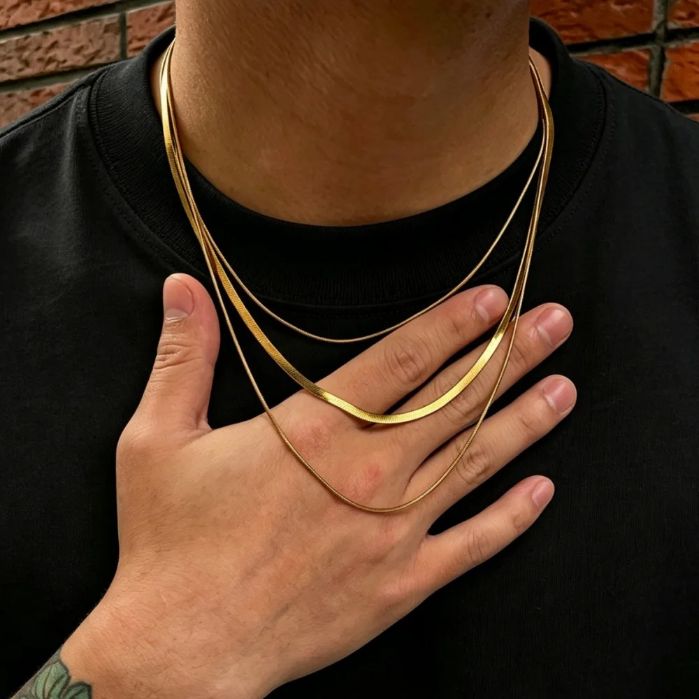 Hip-Hop-Halskette aus goldfarbenem Edelstahl, mehrschichtig, Retro-Schlangenkette für Männer, Schmuckzubehör – Detail 1