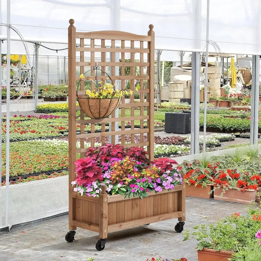 2pcs 50 High Raised Garden Beds with Trellis, Wheels for Vertical Planting, Ideal for Vines, Flowers, Herbs in Brown