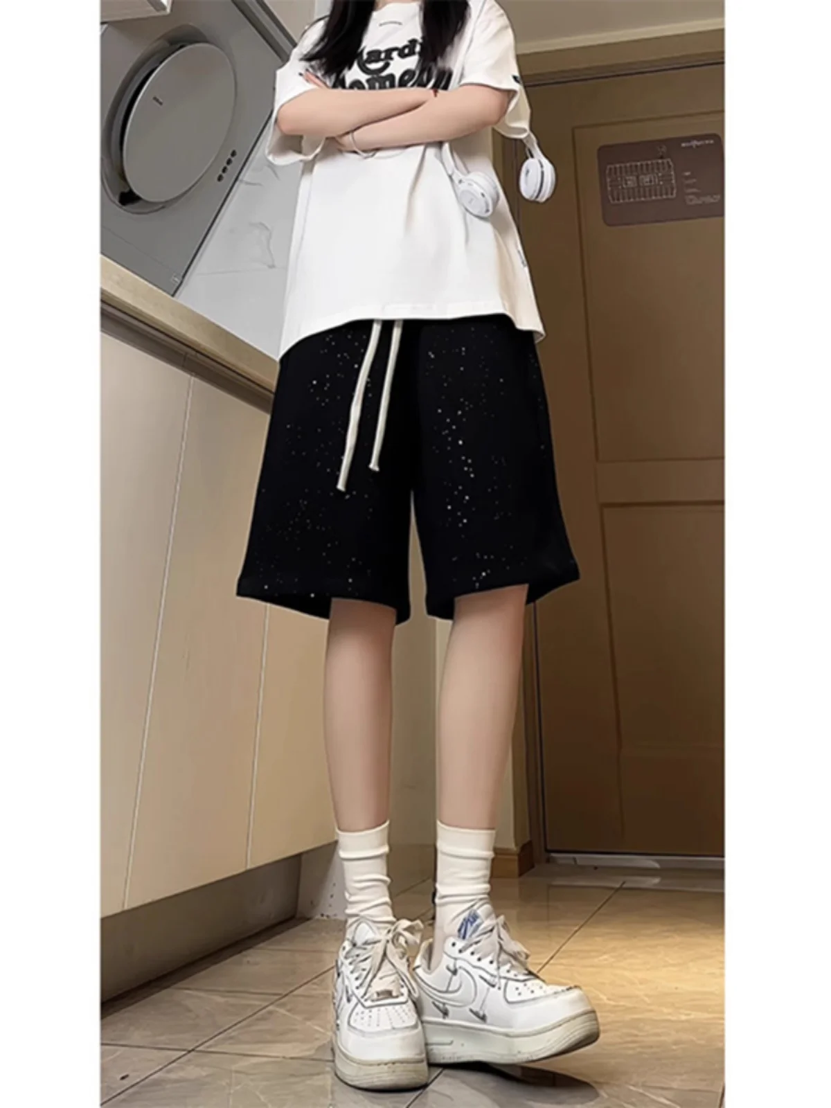 

Bla Summer Trendy College Sle ort Pants Men's Sport Five-Quarter Length Casual Loose Fit mid Waist Straight Leg Trousers