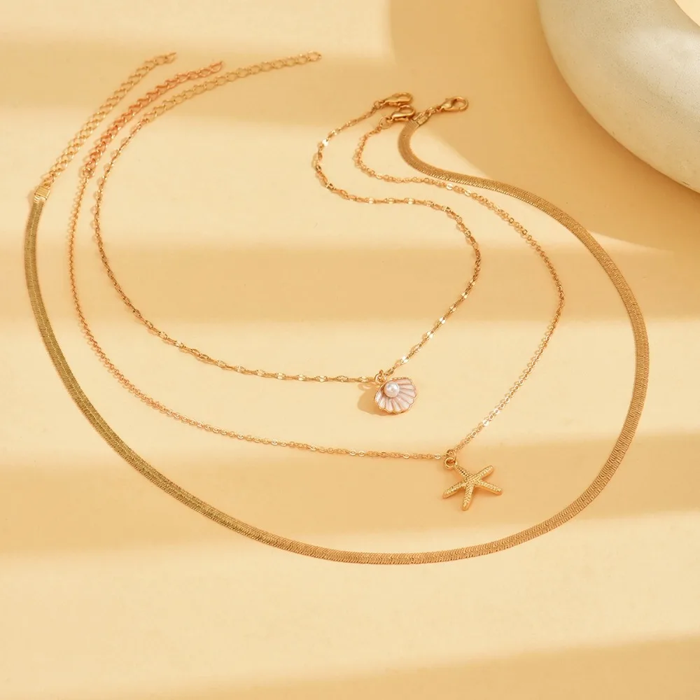 

3pcs Bead Shell Multilayer Necklace Pendant Stacked Clavicle Chain Women Neck Jewelry Bohemian Style Starfish Choker Summer