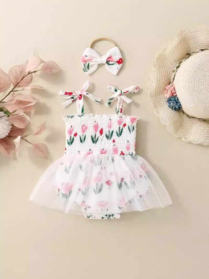 

Baby girl flower print suspender triangular mesh skirt shooting clothes accesorios para bebes recien nacidos 신생아촬영