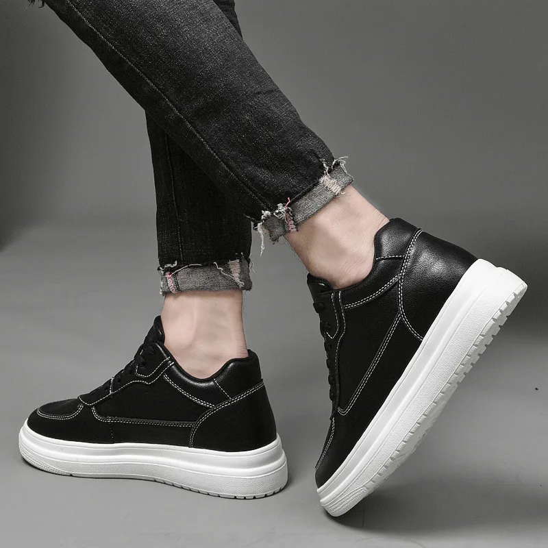 Inner Height Increase Men Shoe White Black High-top Leisure Fashion Sports Board Shoes Flat Heels Plus Size 45 Leather Ventilate
