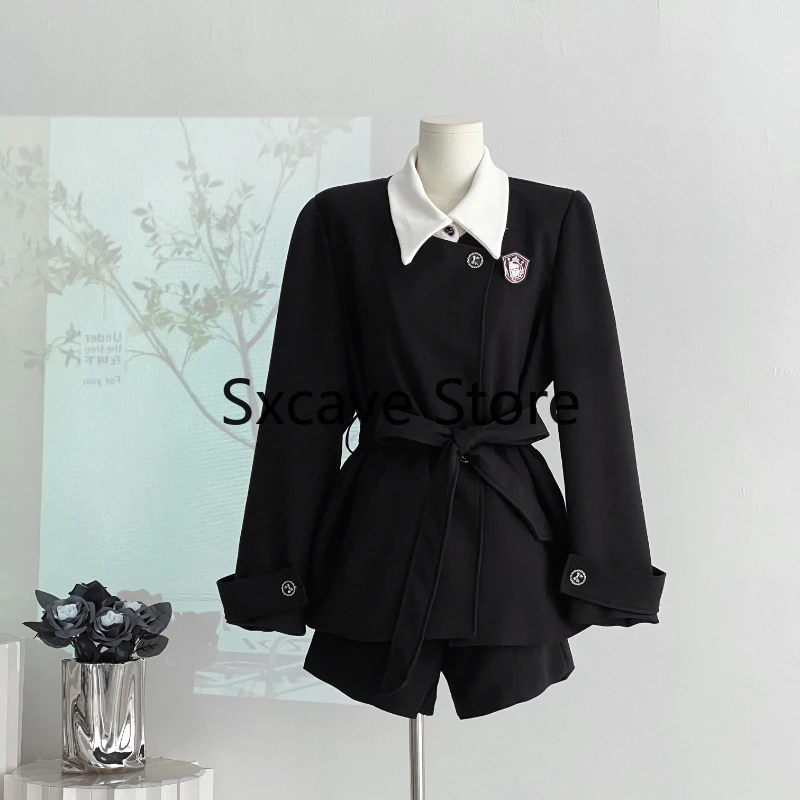 Styl Preppy czarna dwuczęściowa zestaw szortów damska marynarka z długim rękawem + spodenki w stylu Vintage wieczorowa kostium imprezowy koreańska