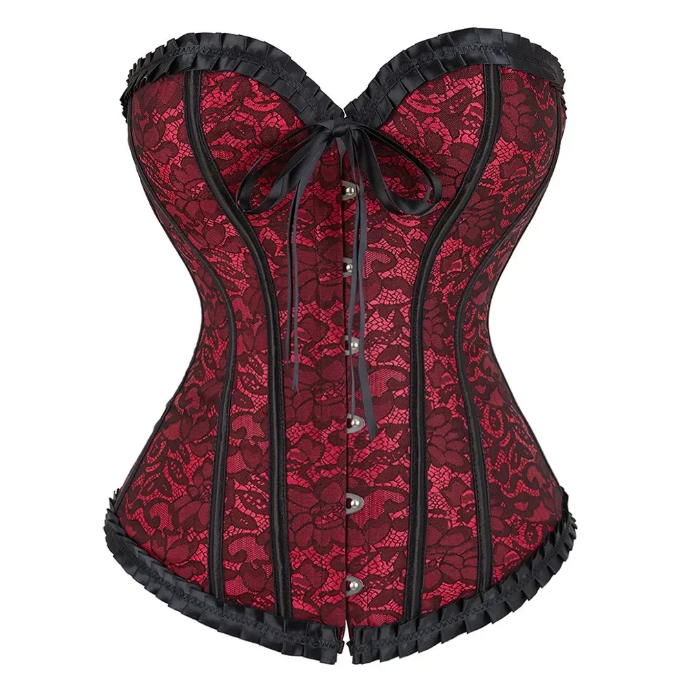 Corset Top Sexy Women\'s Plus Size Corsets and Bustiers Overbust Floral Gothic Brocade Corselet Style Fashion Purple Red