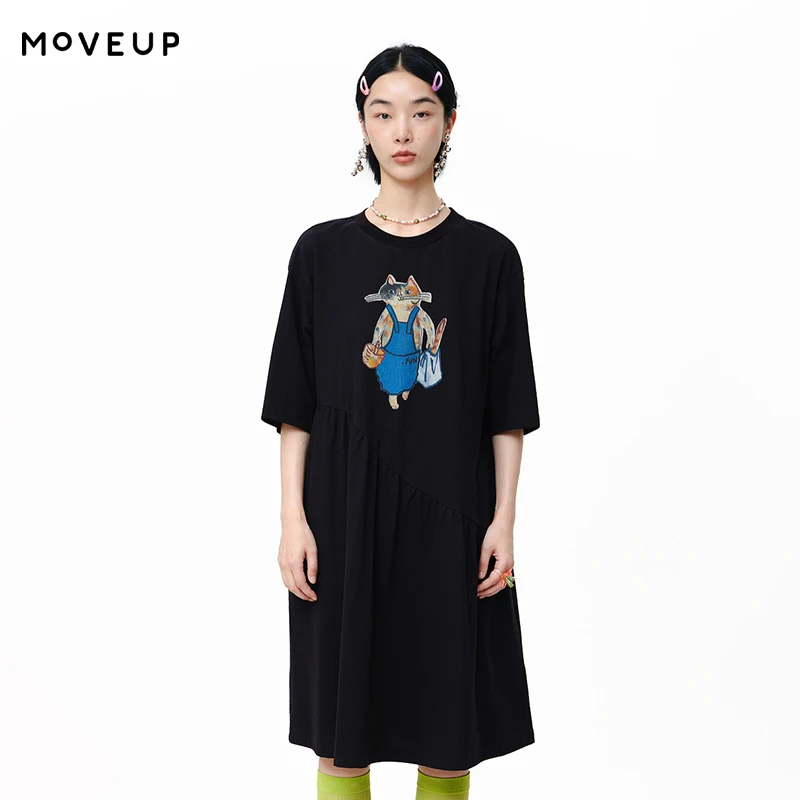 MOVEUP Short Sleeves Round Neck Dress 2026 Spring Contrasting Print Pleated Patchwork Hem Loose A-Line Knitted Dress 325111308
