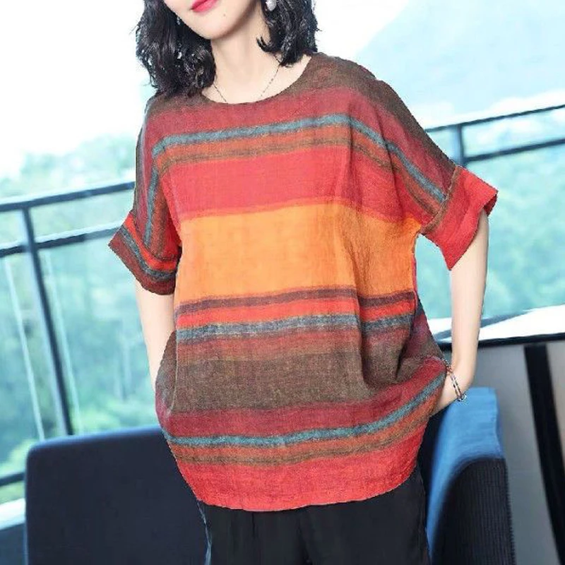 Striped Print Round Neck Short Sleeve Oversized Tee T Shirts Femmes Summer Casual Irregular Tunic Tops for Women Clothing 2023