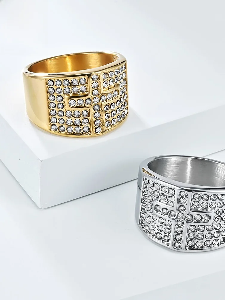 

Luxury 8K Gold Diamond Cross Stainl Steel Men's Ring Hip Hop Personali Accories Ring Titanium Steel Faion Jewelry