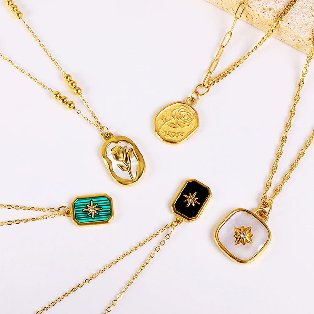 LUXUSTEEL Vintage Star Zircon Shell Drip Oil Pendant Necklace For Women Gold Plated Stainless Steel Geometric Clavicle Chain