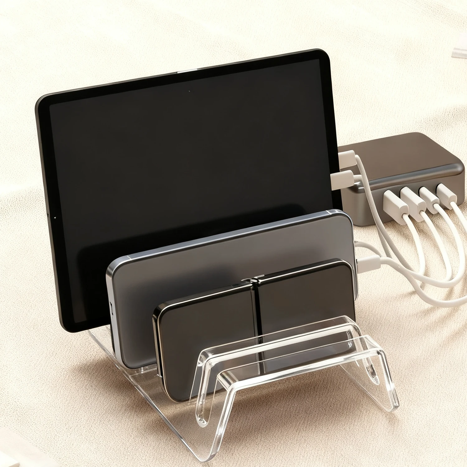 Acryl Transparante Mobiele Telefoon Houder Multi Port Opslag Stand voor Mobiele Telefoon Tablet Luie Beugel Warmteafvoer Houders