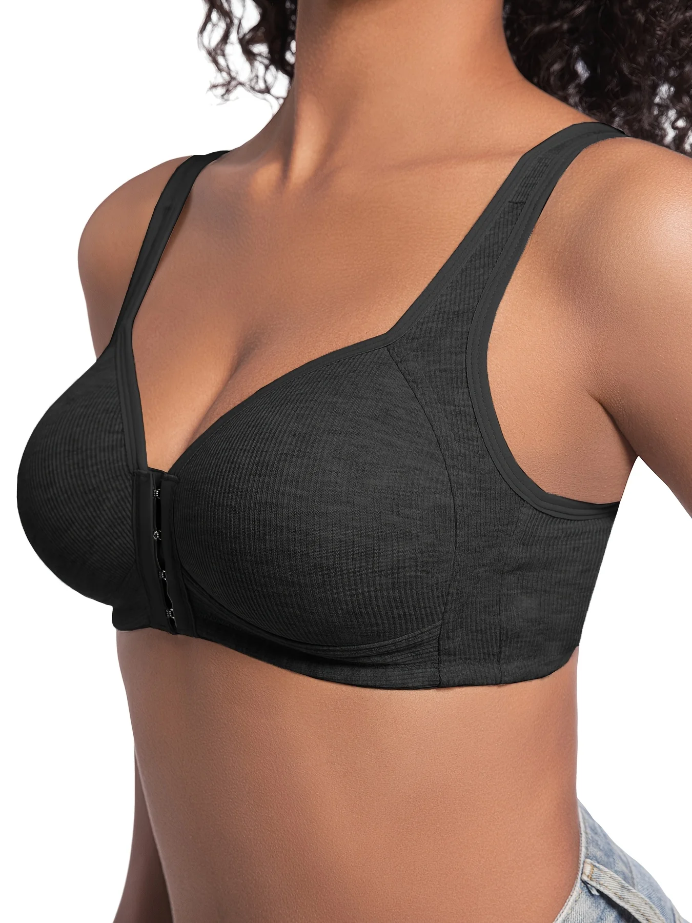 Damen-BH ohne Bügel, Vorderverschluss, einfarbig, vollständige Abdeckung, feste Körbchen, rückläufig für mittlere und ältere Menschen, individuell – Detail 6