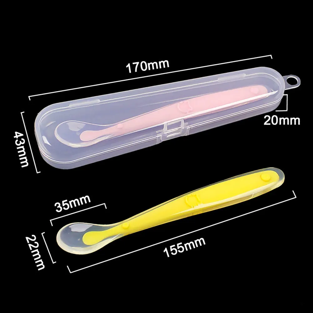 Colher complementar do alimento do bebê do mundo do silicone, talheres de alimentação macia das crianças com caixa do armazenamento