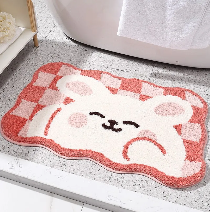 Inyahome Cute Kids Bathroom Rabbit Bath Mats Microfiber Shaggy Carpet Floor Mat Non-Slip Shower Carpets for Bathroom Area Rugs