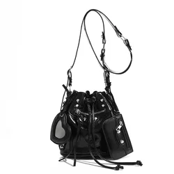 New Versatile Drawstring Women's Bag Fashion Bucket Bag Rivet Biker Bag Premium Commuter Shoulder Crossbody Bag Female bags ﻿