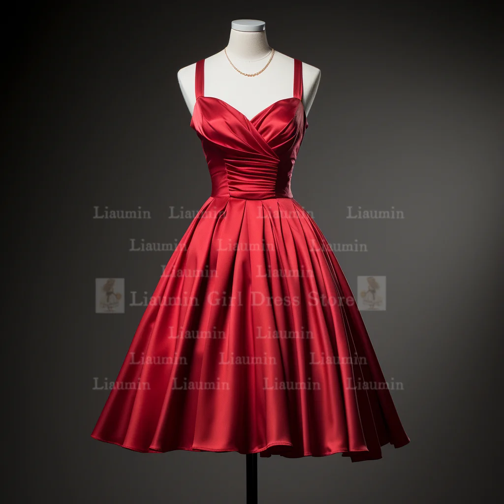 New Custom Hand Made Red Satin Strapless Short Length Lace Up Back Formal Prom Evening Dress Brithday Homecoming Clothing  W1-22