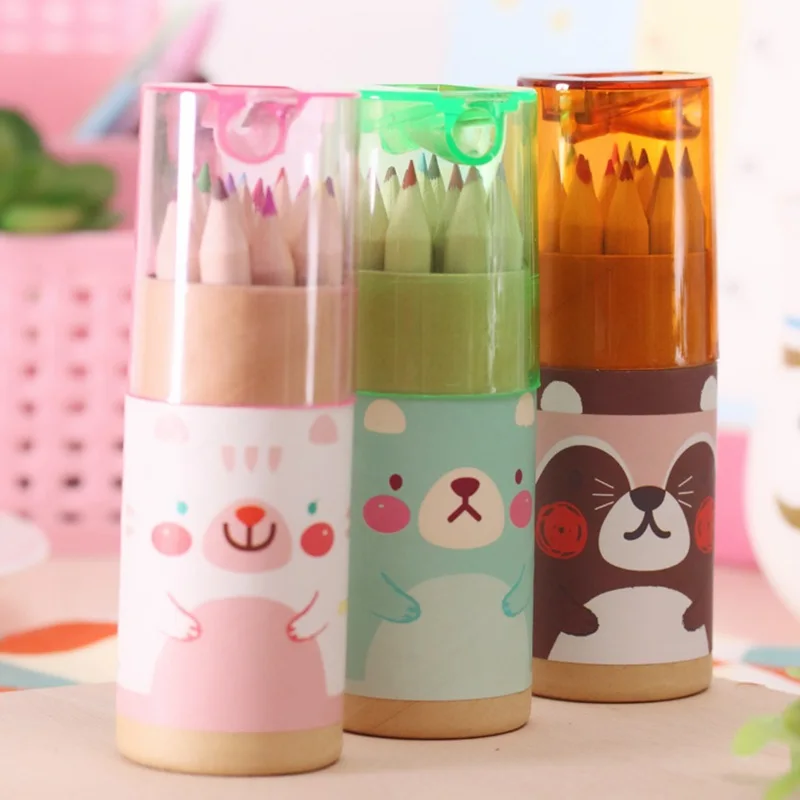 12 Stks/set Leuke Mini Gekleurde Potlood Met Puntenslijper Kawaii Briefpapier Paint Draw Potlood Voor Kids Kinderen Kleurpotlood