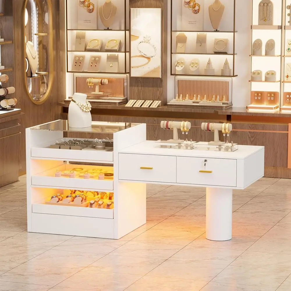 

Стойка ресепшн с LED-подсветкой и стеклянной витриной, торговая стойка с запирающимися ящиками для кассы, лобби, салона красоты