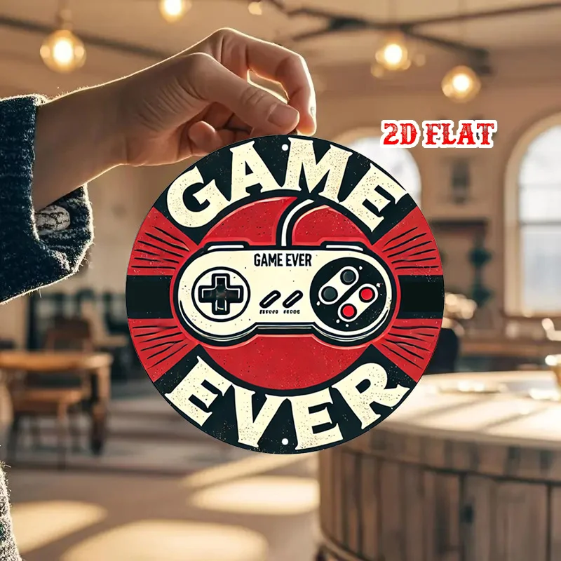 2D Flat 1pc Retro Gaming Round Aluminum Sign, Controller Design Metal Sign - Game Ever Rustic Metal Wall Art, Fun Vibes view 6
