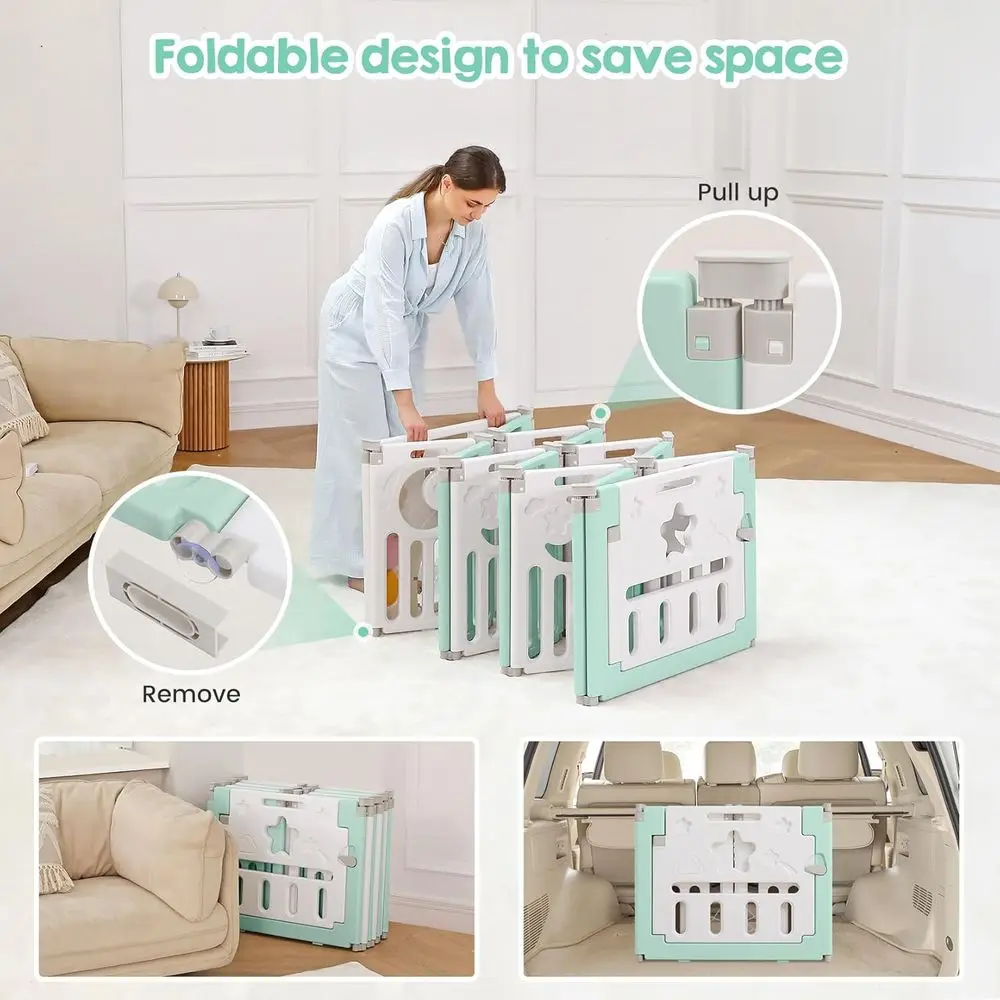 روضة أطفال قابلة للطي مكونة من 14 لوحة للأطفال، منطقة لعب داخلية/خارجية قابلة للتعديل مع لوحة ألعاب وبوابة أمان، أخضر فاتح وأبيض