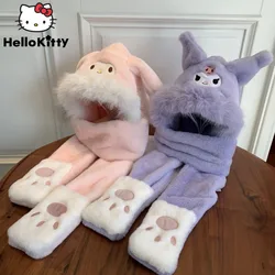 Sanrio Melodie Kuromi niedlichen y2k Mädchen Plüsch Schal Kapuze Kinder neue warme Handschuhe Hüte Schals alle in einem Herbst Winter Accessoires