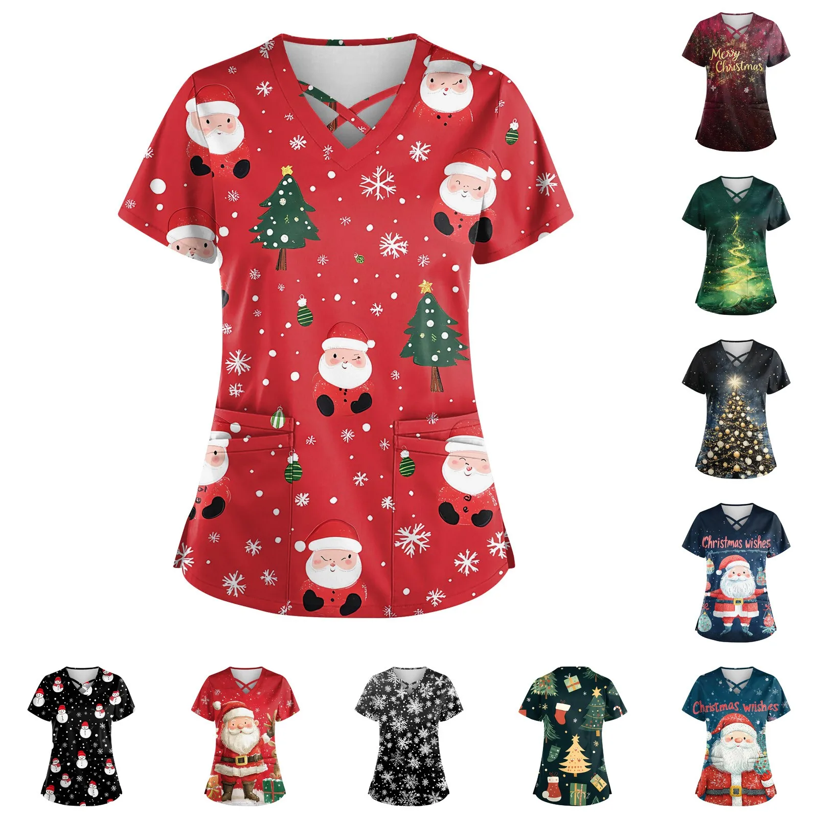 Women Surgical Uniform Nurse Scrubs Top Overall Medical Uniform Christmas Print Uniforme De Enfermera Para Mujer Uniformes