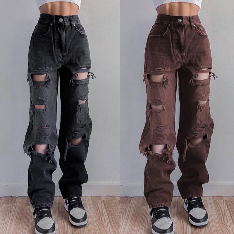 

New Street Jeans Women's Fashion Jeans Women's High Waist Loose Wide Leg Pants Personality Girl Hole Straight Leg Pants Women