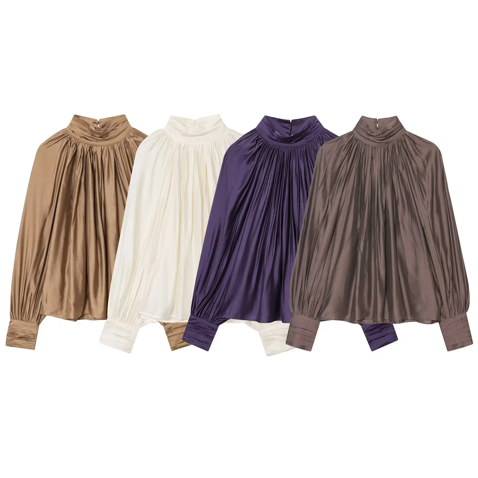BSAY 2026 Französische Minimalistische Damen-Satinbluse mit Stehkragen, gerafftem Design, Laternenärmeln, lockerem Schnitt, glänzend, elegant, für Bürokleidung, Oberteil – Detail 2