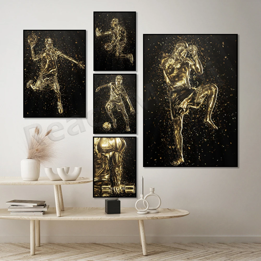 American football, basketball, soccer, kickboxing, bodybuilding golden statue sport poster, muscle workout, sport gym poster
