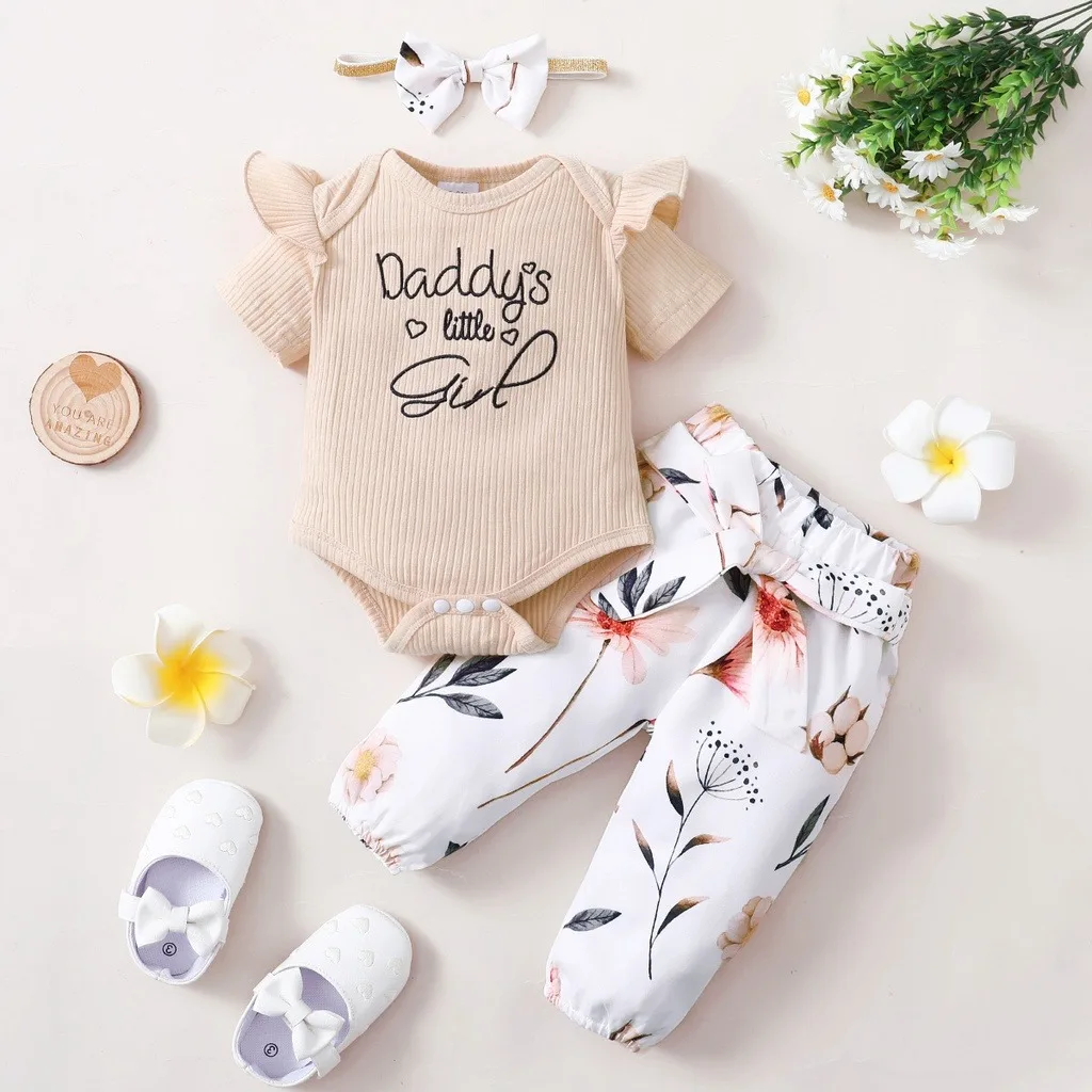 

0-18 Months Baby Girl Set Ruffle Letter Short sleeved+Printed Pants+Bow 3Pcs Summer Casual Set Baby Clothing