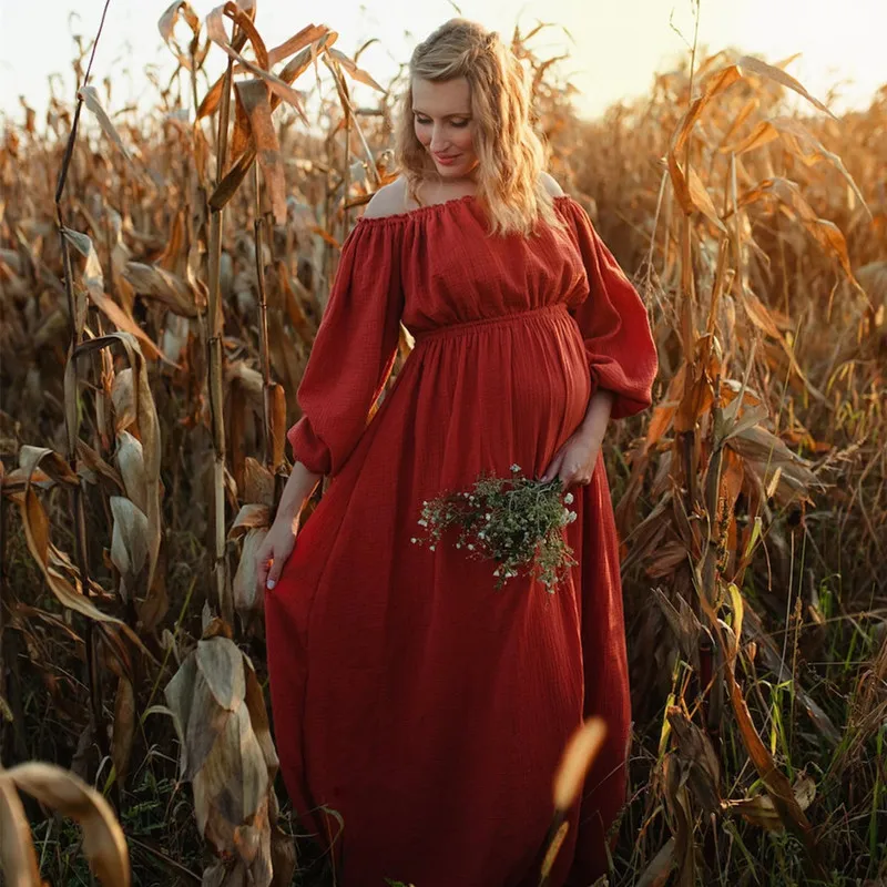 Maternity Photography Long Dress Soft Linen Cotton Off Shoulder Full Sleeve Pregnant Woman Photography Baby Shower Gown