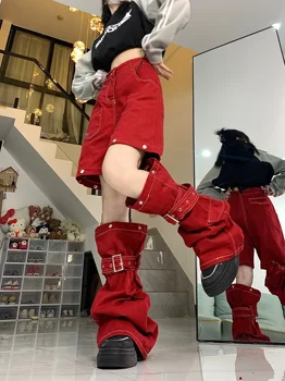 세련된 힙합 여성 레드 카고 바지 2-In-1 분리형 헐렁한 청바지 Y2k 와이드 레그 바지 90s Retro Street