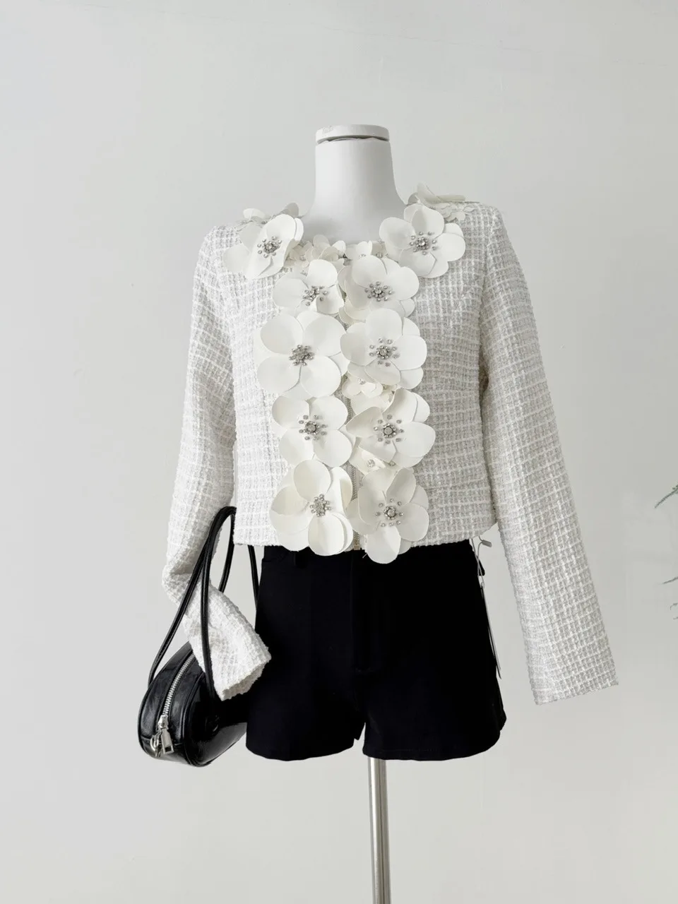 우아한 헤비듀티 라인스톤 3D 플라워 재킷 여성용 가을 패셔너블 다용도 두꺼운 트위드 탑 오리지널 디자인 슬림핏