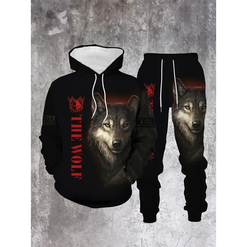 Men's Fashion Sweater Set Wolf Pattern Design 3D Printed Casual Sports Set 2-piece Machine Washable view 2