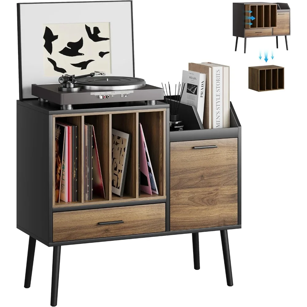 

Record Player Stand with Nesting Vinyl Storage Crate, Record Player Table with a Drawer, a Cabinet, CDs Storage Area, Side End