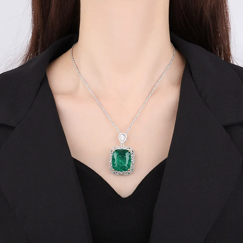 Jewelry S925 Silver Hot Selling Emerald Paraiba Fat Rectangular Large Pendant Luxurious Inlaid 20*23