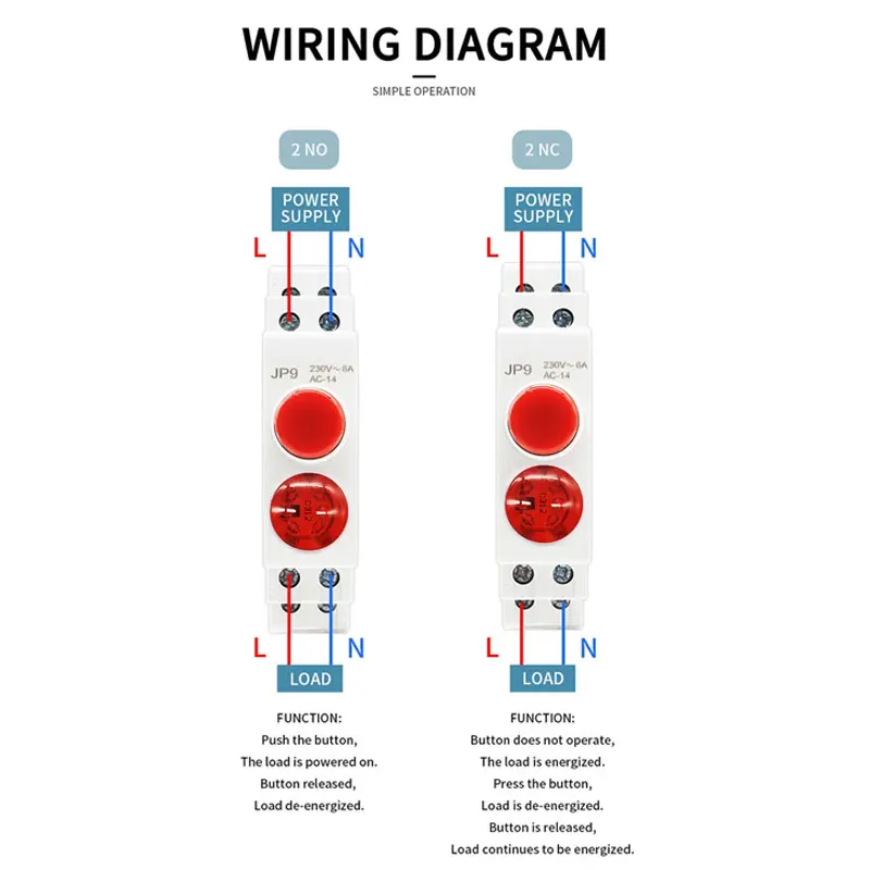 Push Button Switch With LED Signal Lamp JP9 Series ACDC 24V 220V Pilot Lights Din Rail Mount Indication Light RED GREEN Lamp